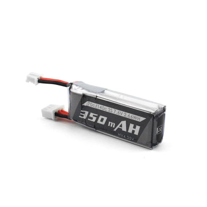 350mAh 2S 7.6V HV LiPo battery angled view showing 70C/140C rating label and PH2.0 plugs
