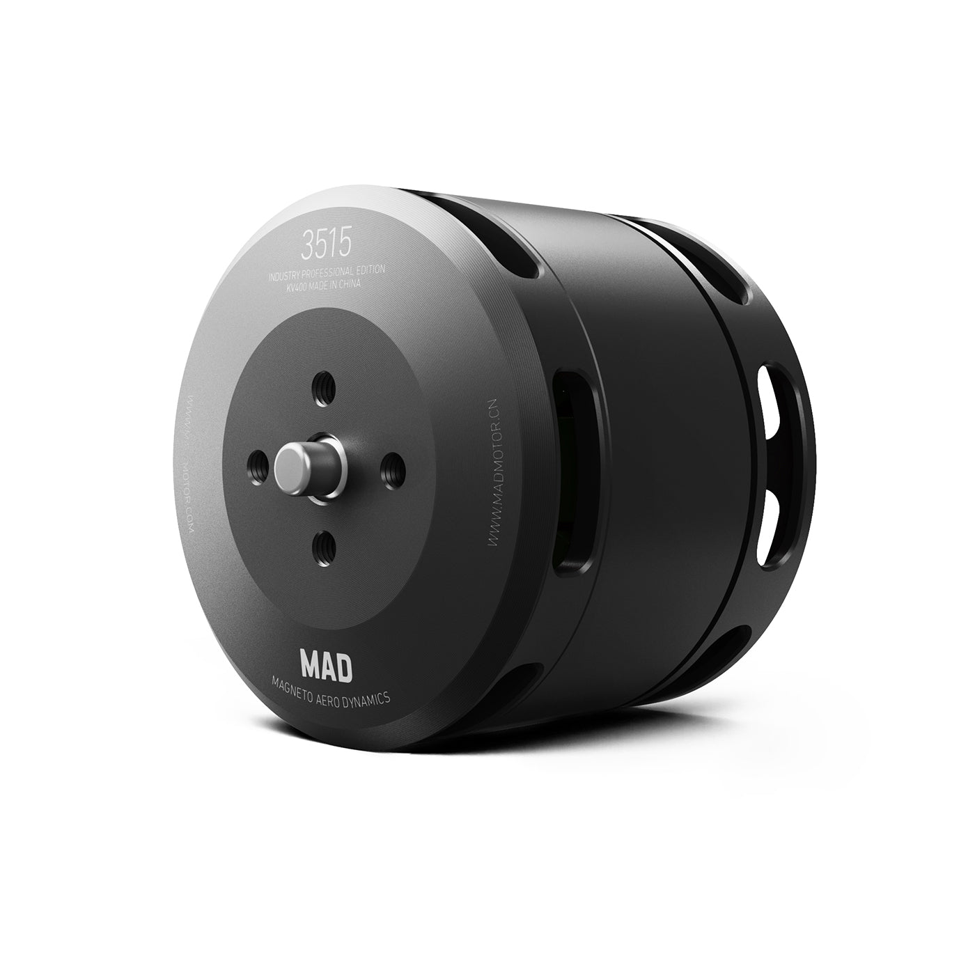 MAD 3515 IPE Drone Motor, MAD 3515 drone motor in black with cylindrical housing, front mounting holes and central shaft