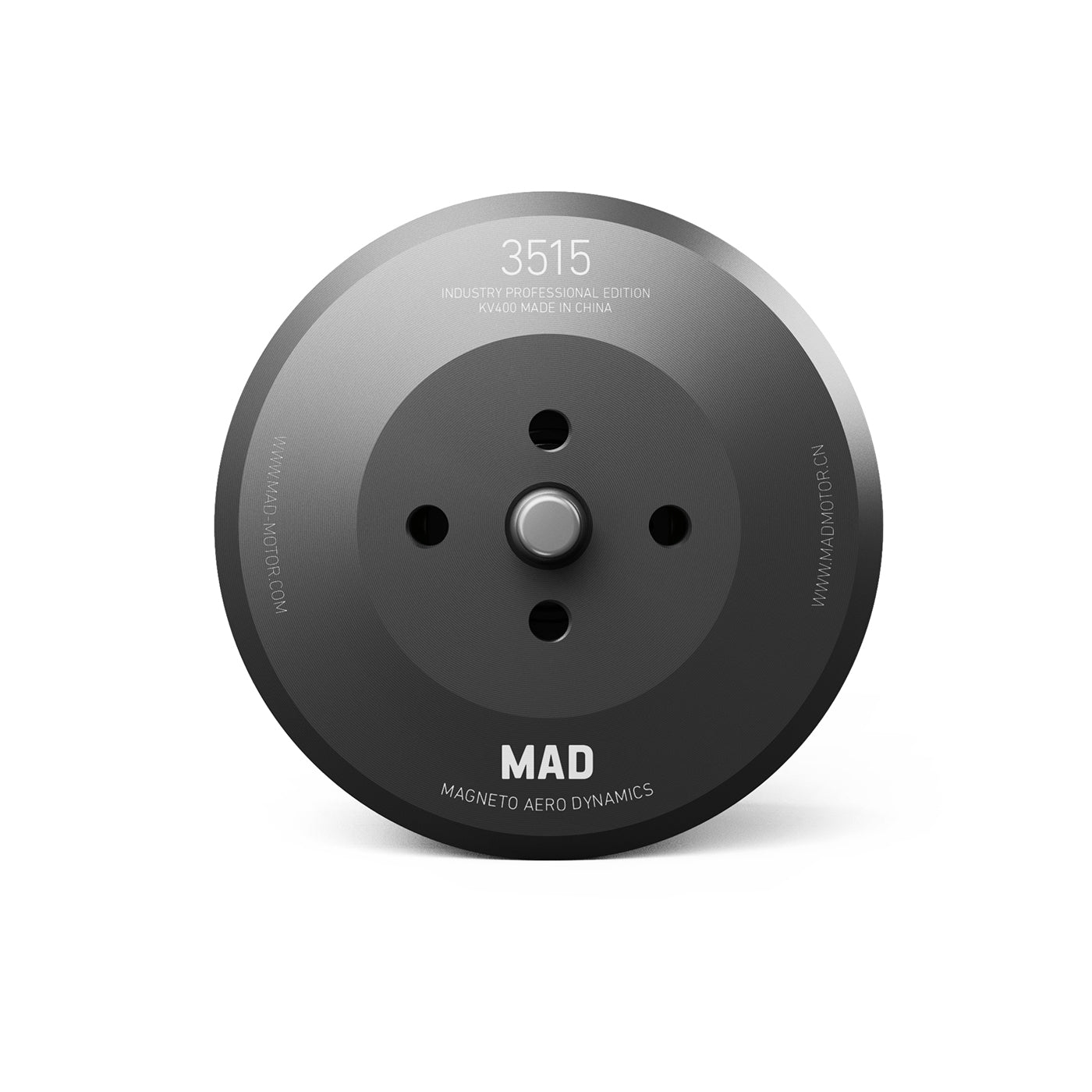 Top view of MAD 3515 IPE drone motor bell with center shaft, mounting holes, and MAD branding