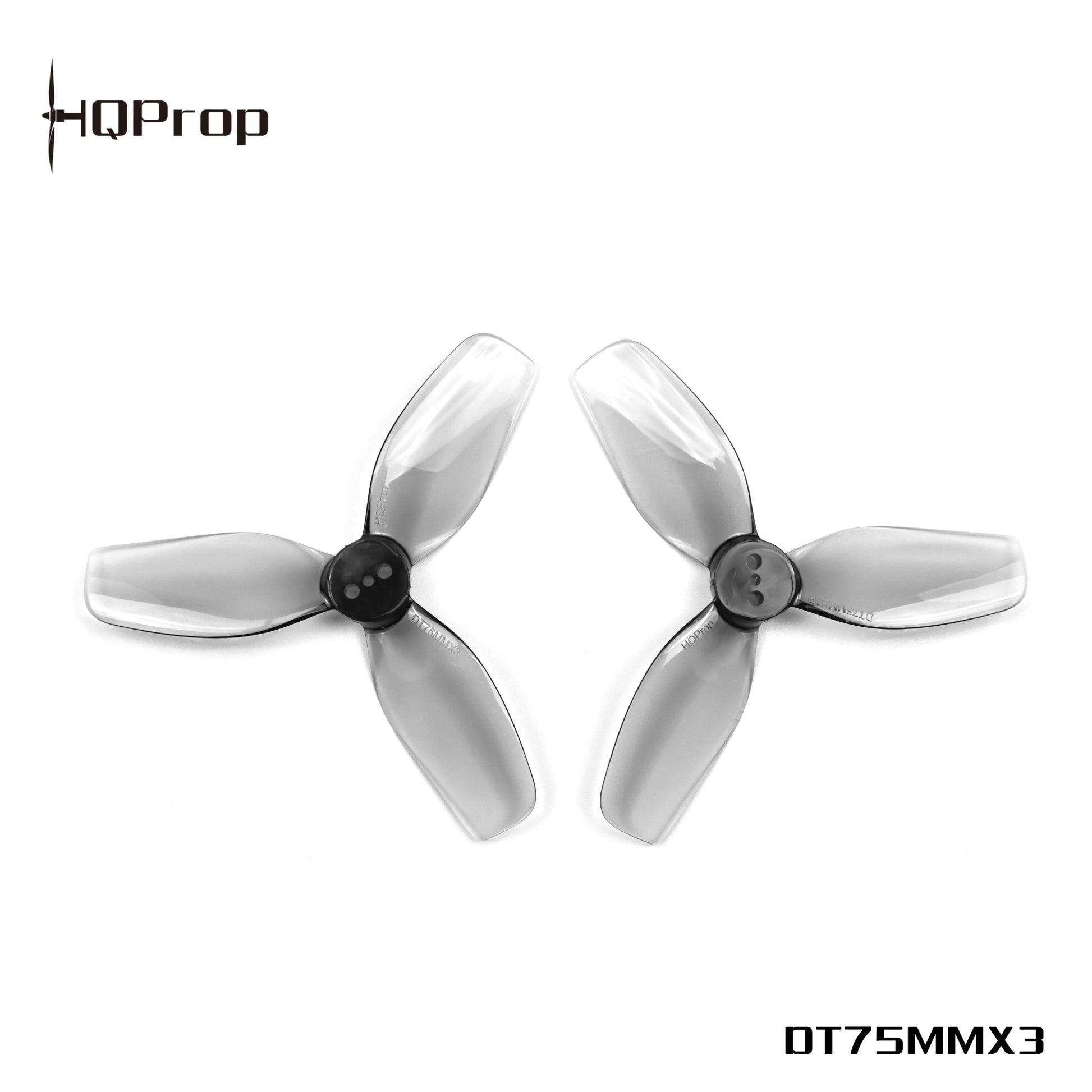 HQProp DT75MMX3 75mm 3-blade cinewhoop propellers, pair shown with HQProp logo and model code