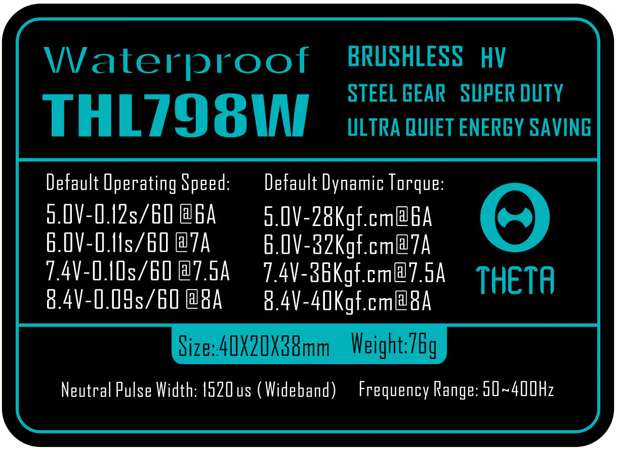 THETA THL798W waterproof HV brushless servo spec card showing 28–40 kgf·cm torque and 0.12–0.09 s/60° speed