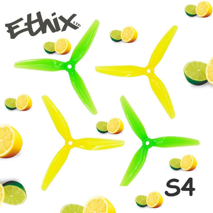 Ethix S4 lemon-lime green and yellow 3-blade propellers shown in pairs with lime and lemon graphic
