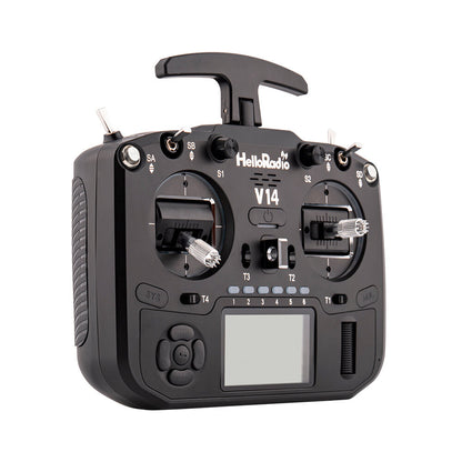 HelloradioSky V14 EdgeTX 2.4GHz 14CH radio transmitter front view with dual gimbals and screen