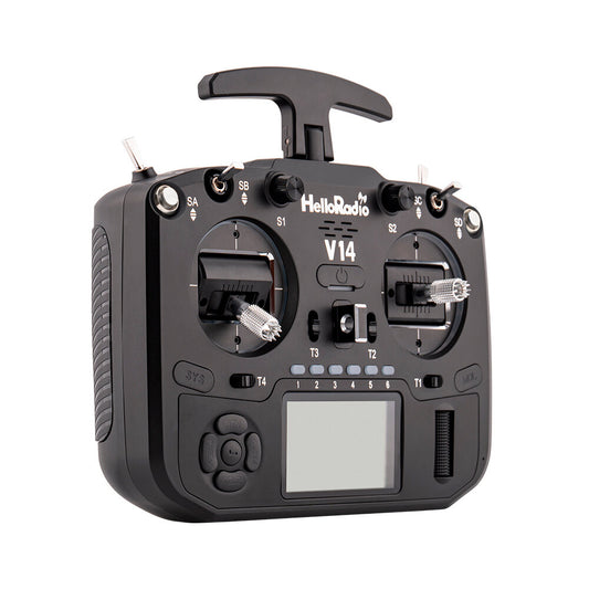 HelloradioSky V14 EdgeTX 2.4GHz 14CH radio transmitter front view with dual gimbals and screen