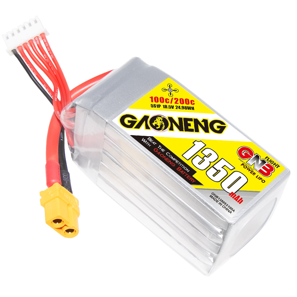 GAONENG GNB13505S100A 5S 18.5V 1350mAh 100C LiPo battery angled front view with XT60 plug