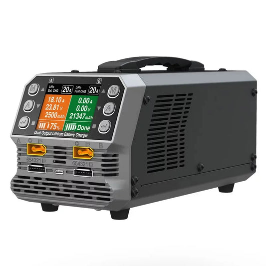 SkyRC PC1080neo dual-output lithium battery charger with color display, carry handle, and dual XT60 ports