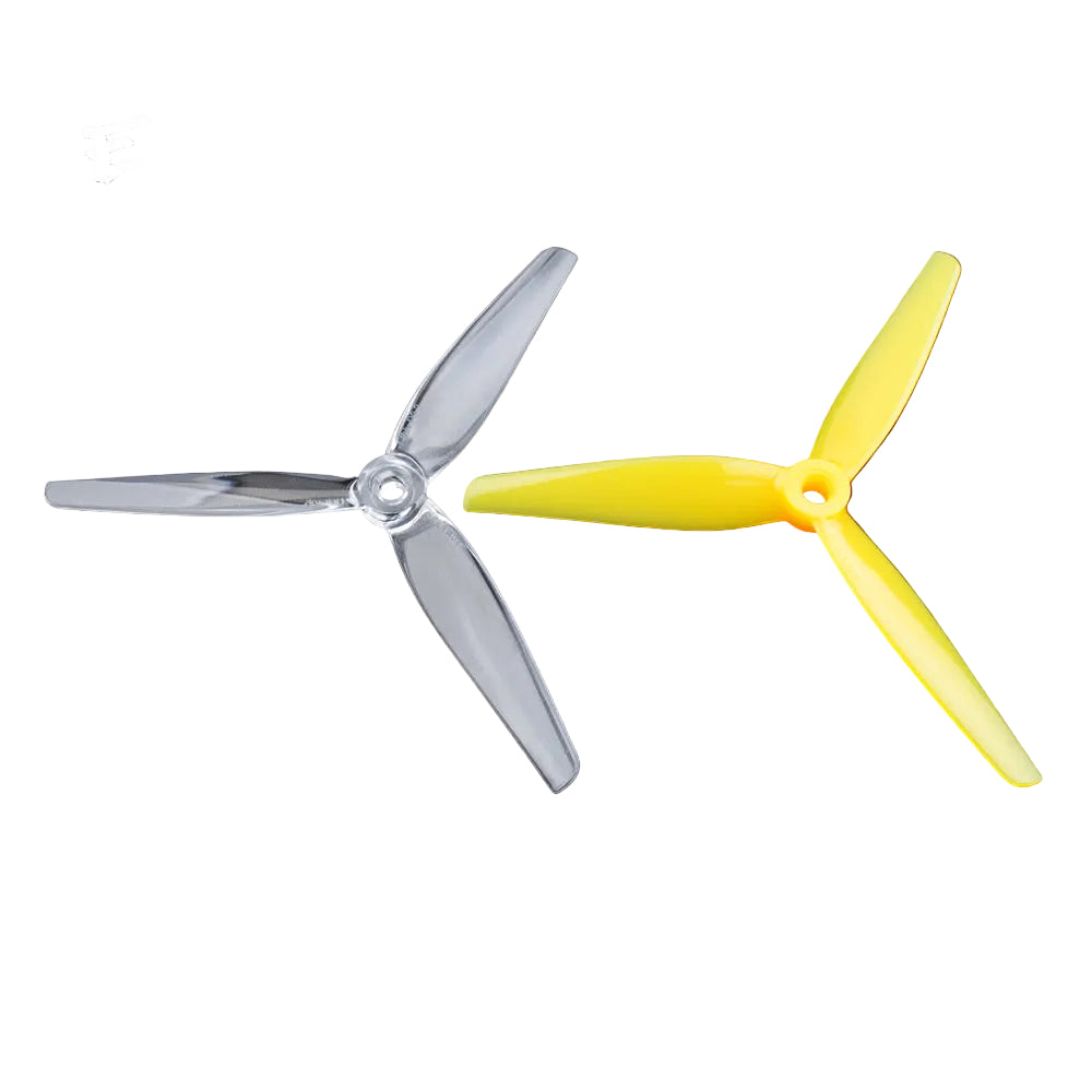 HQProp ETHIX P3.3 Mango Lassi 5.1in 3-blade FPV propellers, yellow and clear props side by side