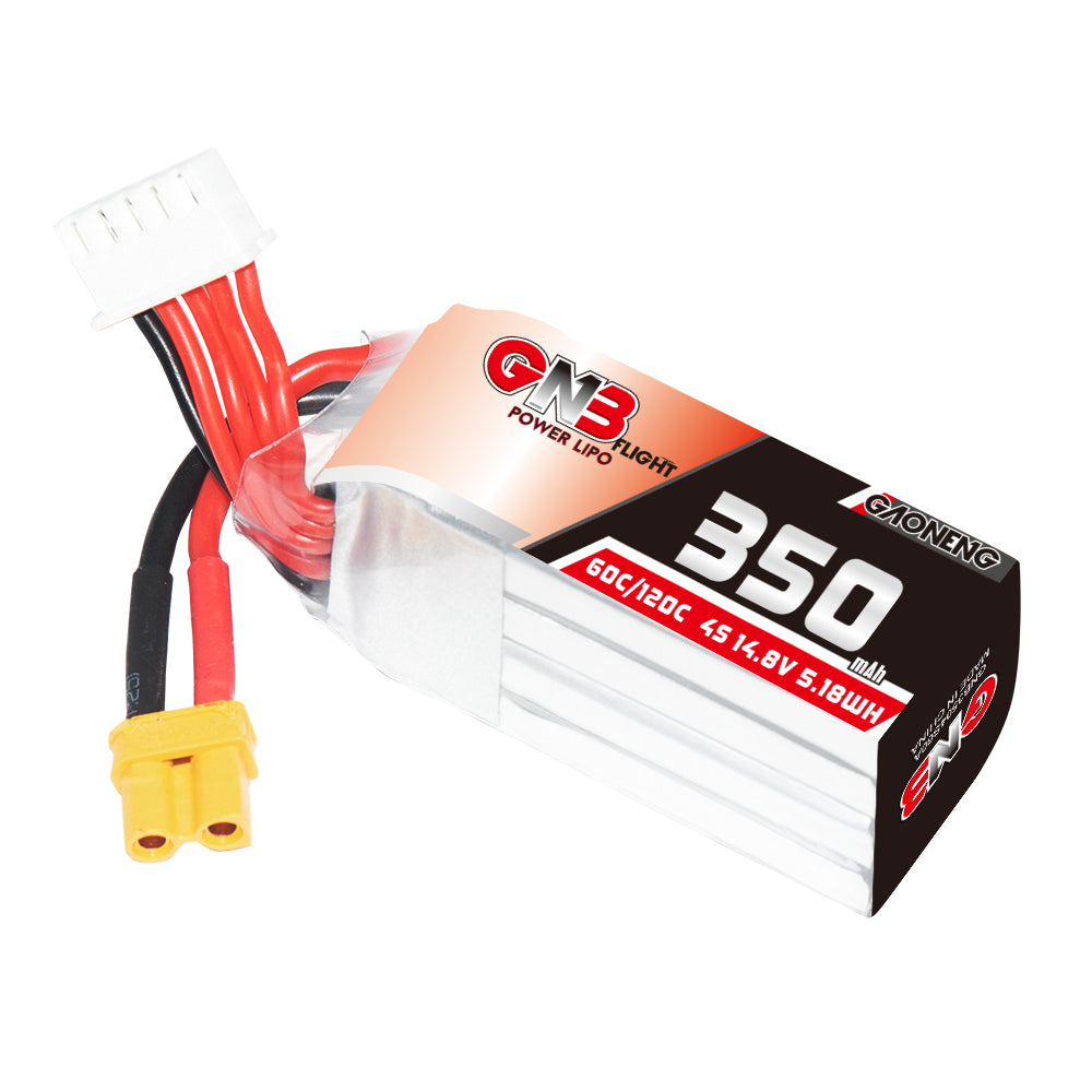 Angled view of GNB 350mAh 4S LiPo pack showing stacked cells, XT30 connector and balance plug