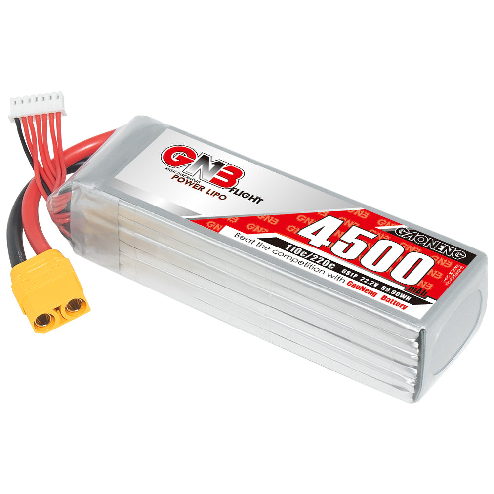 GAONENG GNB 6S 22.2V 4500mAh 110C LiPo Battery angled product view with XT90 connector and balance lead