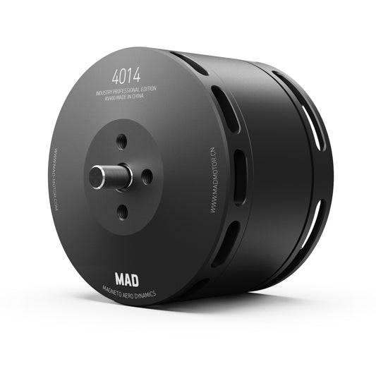 MAD 4014 IPE drone motor in black, with front mounting holes, central shaft, and vented cylindrical housing