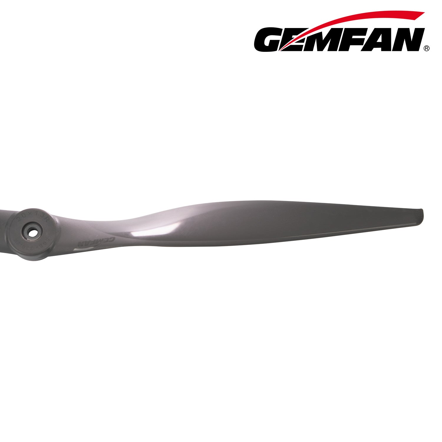 Close-up of Gemfan VORTEX propeller blade and hub with Gemfan logo on white background