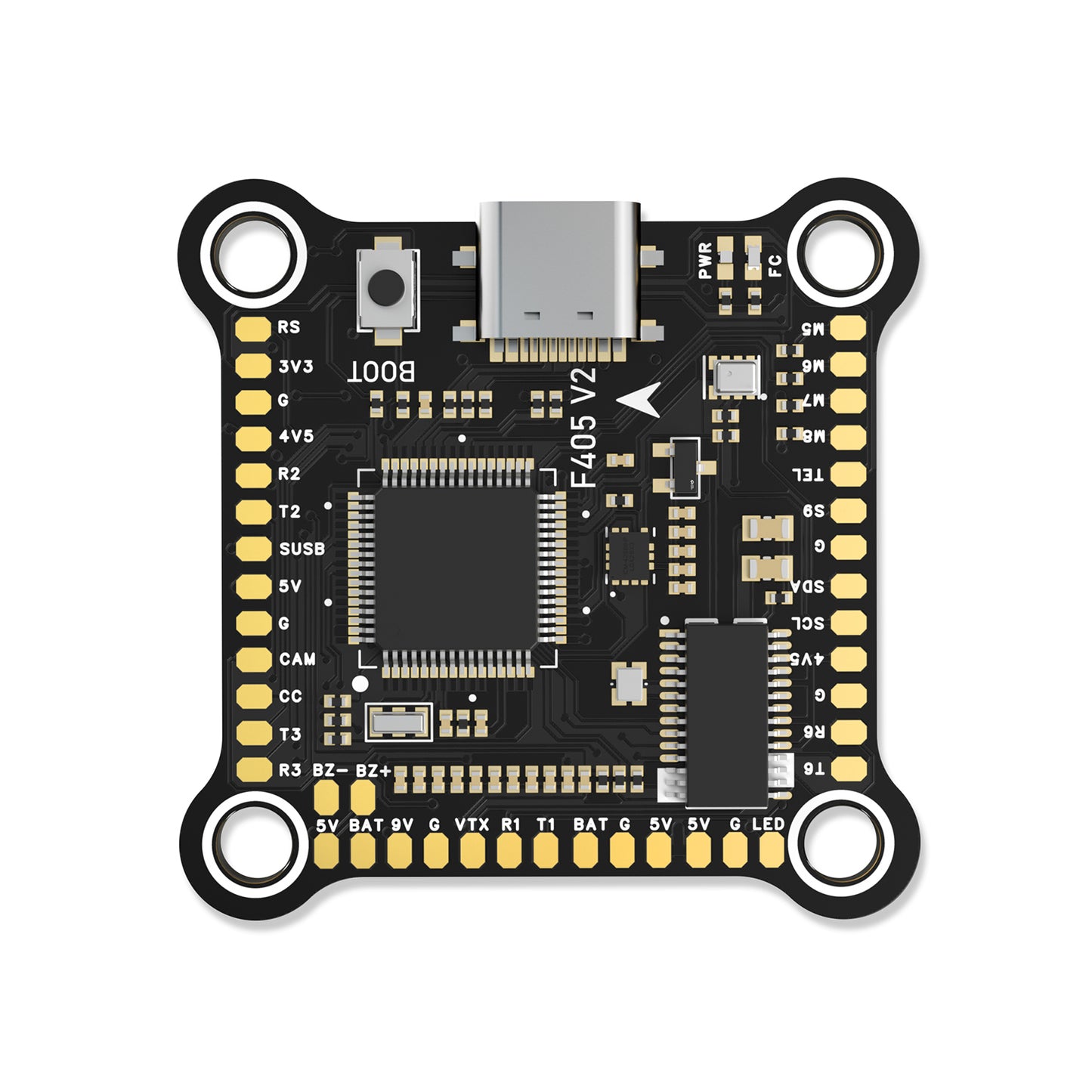 BrotherHobby Returner F405 V2 flight controller board with USB-C port, labeled solder pads, and 4 mounting holes