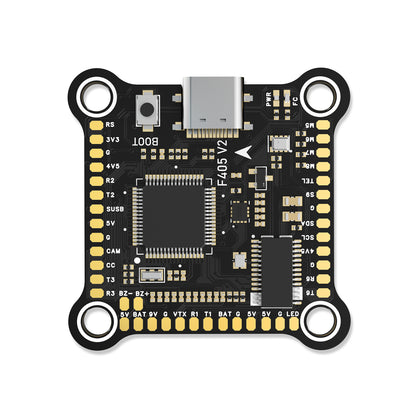 BrotherHobby Returner F405 V2 flight controller board with USB-C port, labeled solder pads, and 4 mounting holes