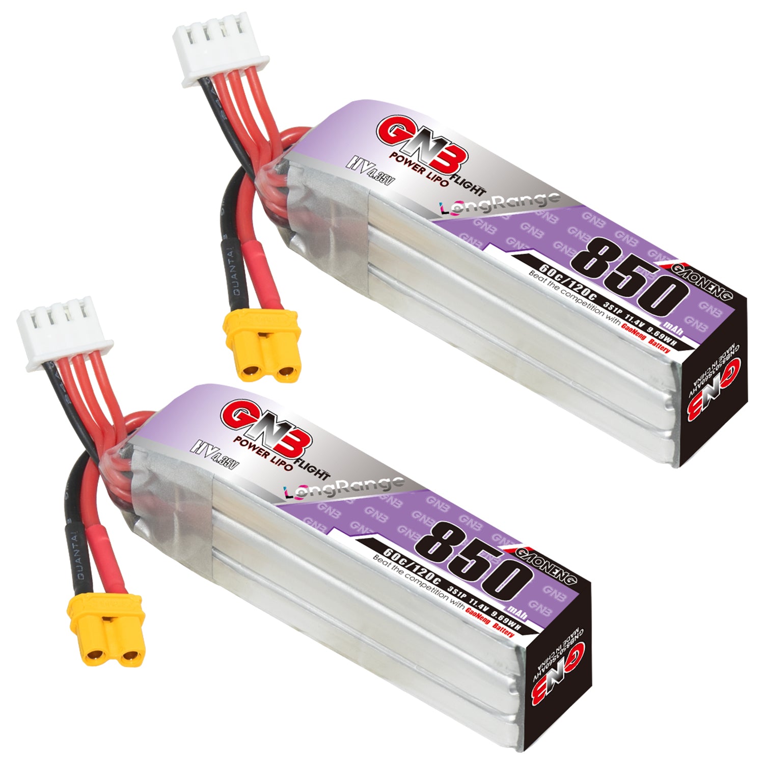Two GAONENG GNB LiHV 3S 850mAh 60C batteries with XT30 plug and balance lead
