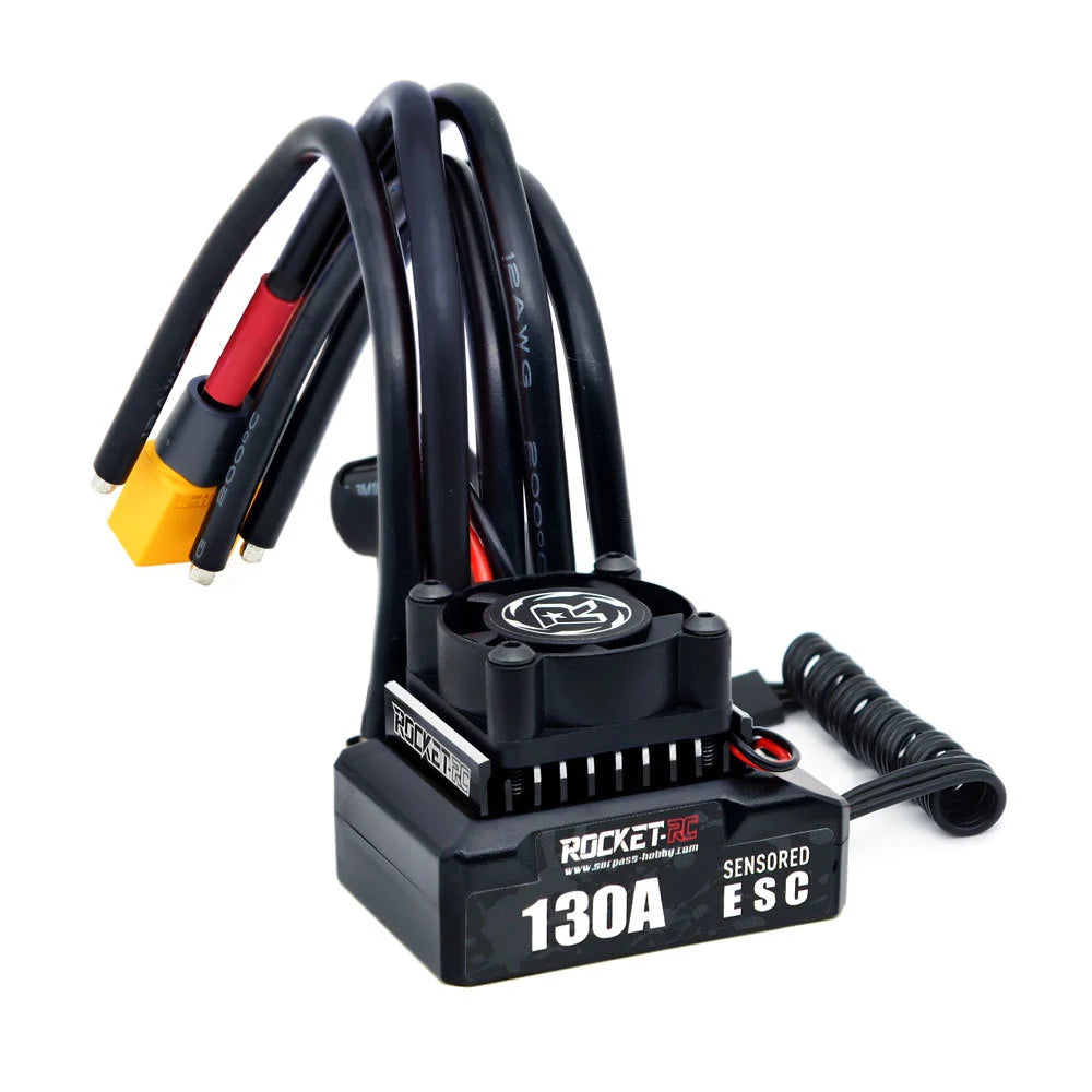 ROCKET-RC 130A sensored brushless ESC for 1/10 RC cars with cooling fan and motor wires