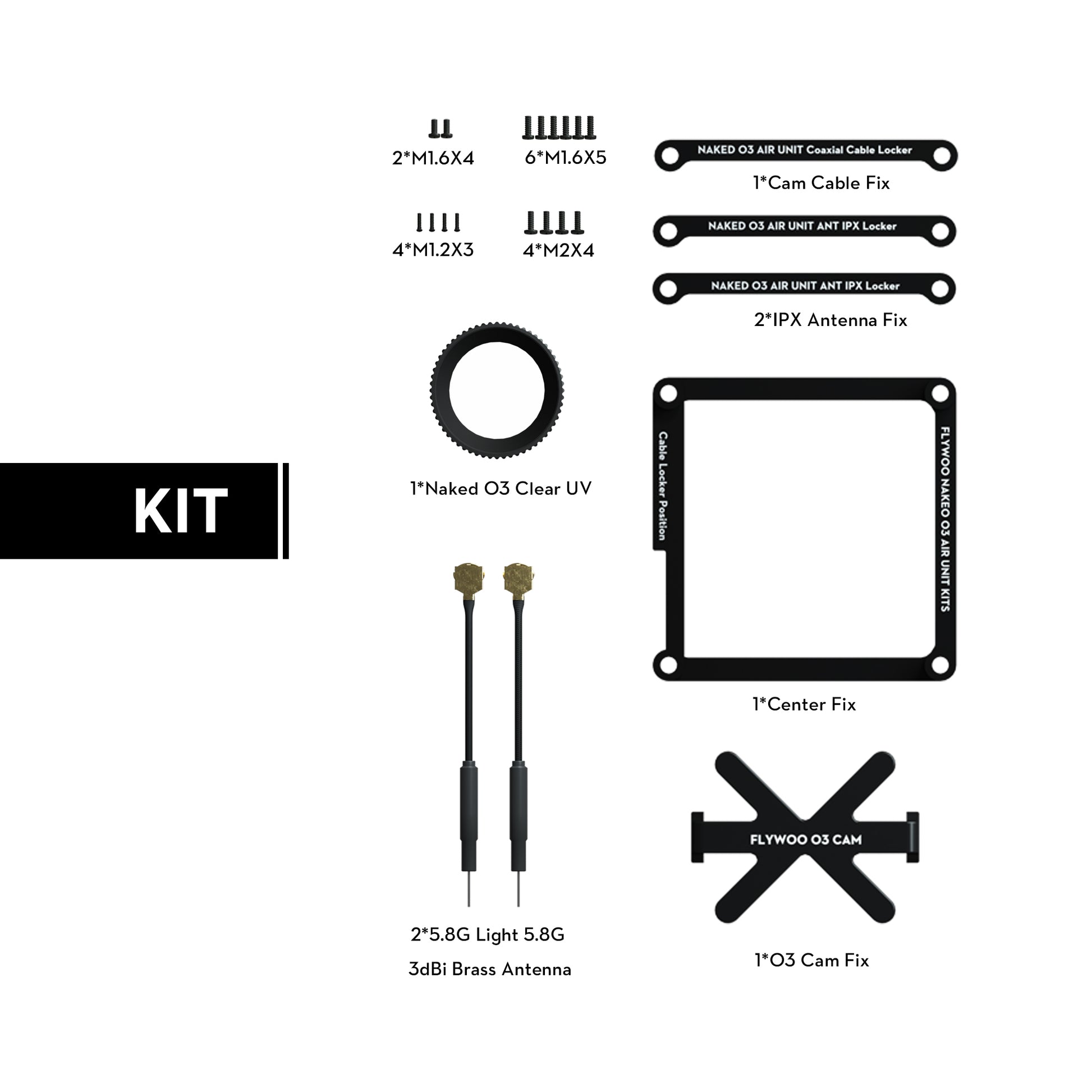 Flywoo Naked O3 upgrade case kit parts with mounting screws, cable/antenna locks, O3 cam fix and two 5.8G antennas