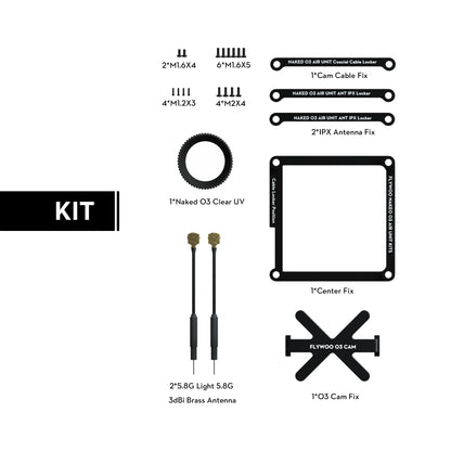 Flywoo Naked O3 upgrade case kit parts with mounting screws, cable/antenna locks, O3 cam fix and two 5.8G antennas