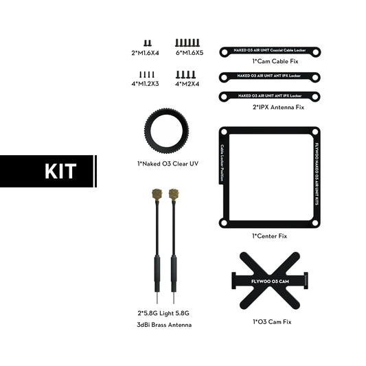 Flywoo Naked O3 upgrade case kit parts with mounting screws, cable/antenna locks, O3 cam fix and two 5.8G antennas