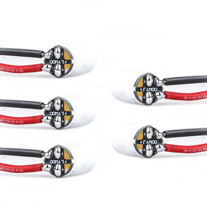 Five Flywoo UNICON UPL capacitors with small PCB caps and pre-soldered red and black leads