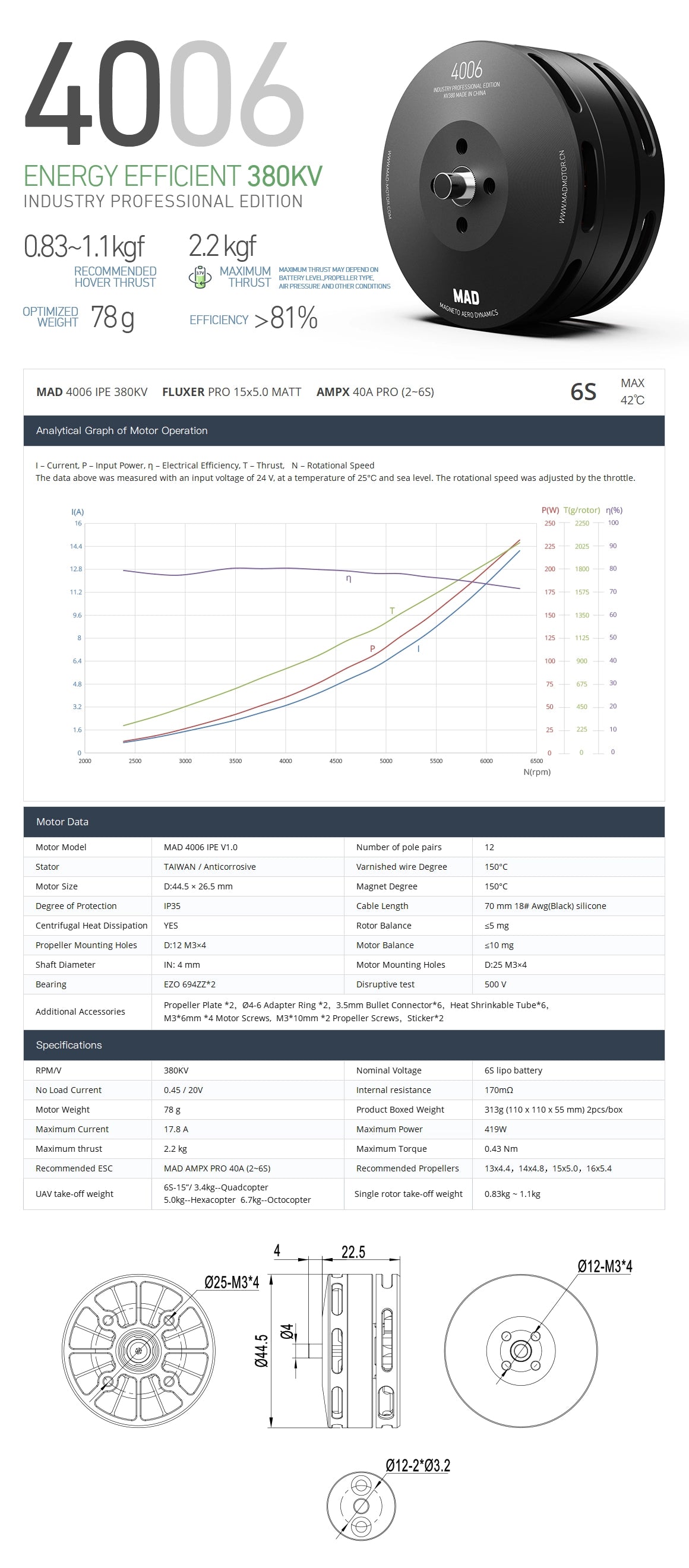 MAD 4006 IPE drone motor with 4S, 380KV or 740KV options and 2.2kgf brushless design.