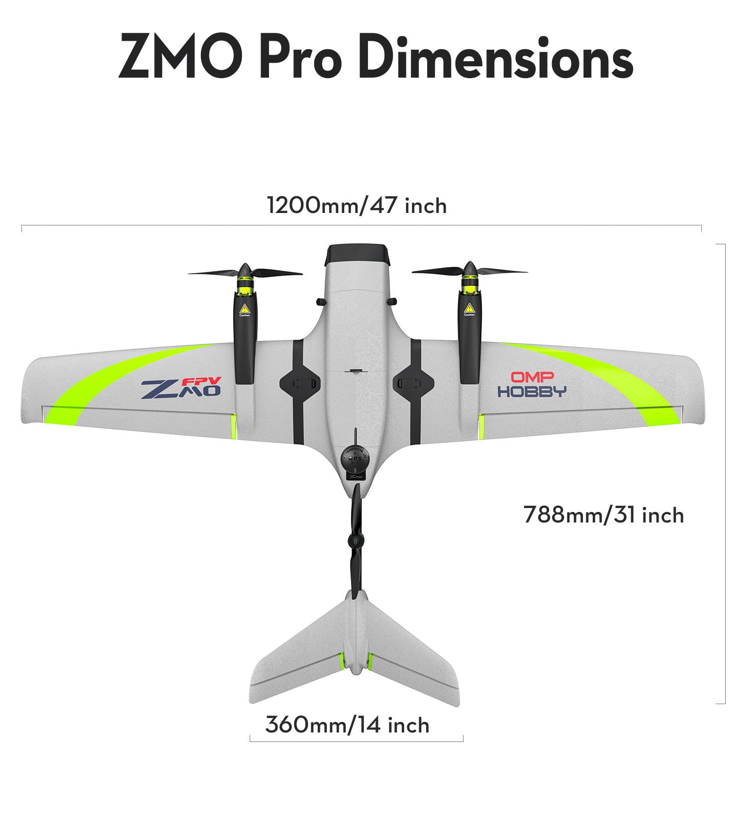 OMPHOBBY ZMO Pro VTOL FPV aircraft dimensions: 1200mm x 788mm x 360mm.