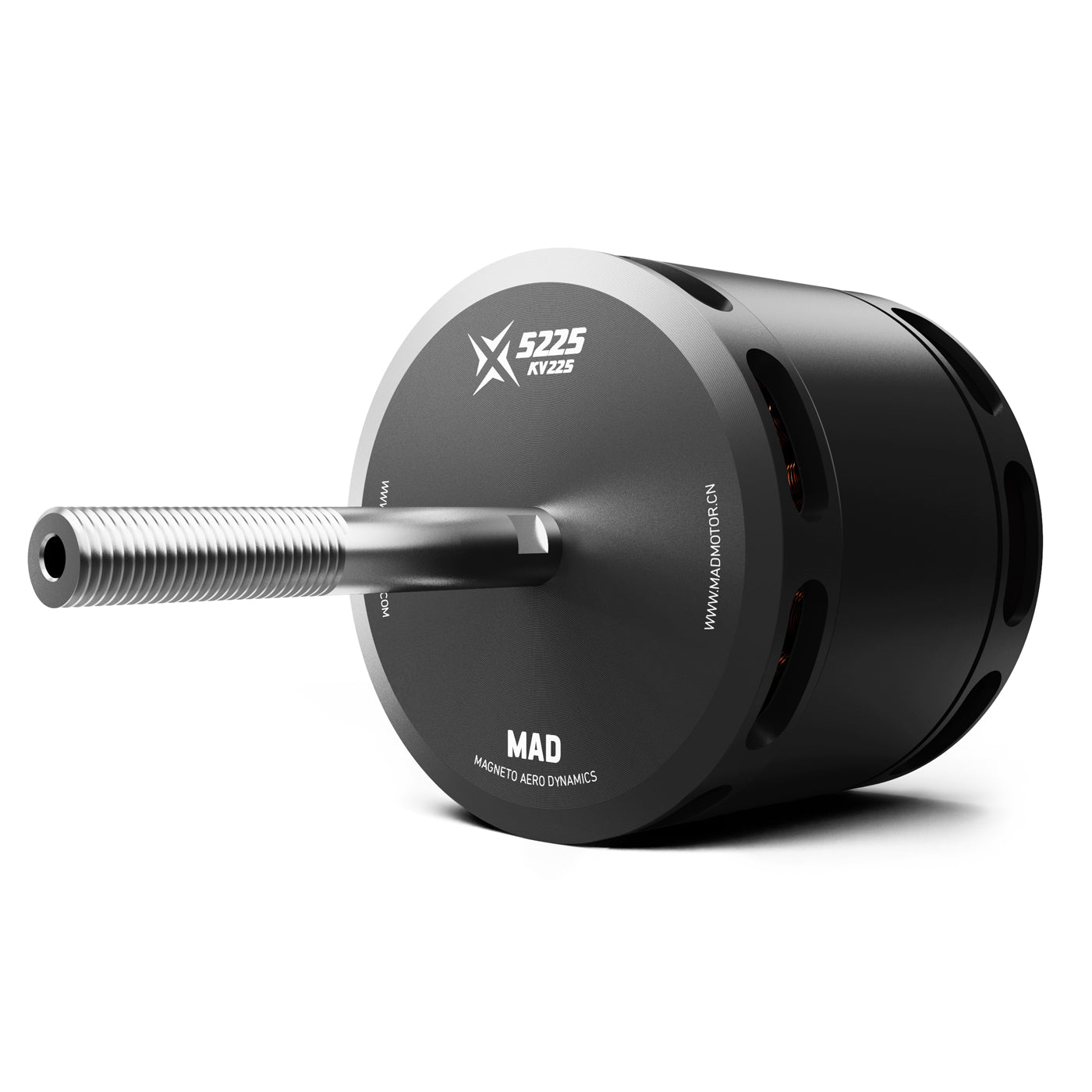 MAD X5225 KV225 brushless drone motor with long threaded shaft, black cylindrical housing