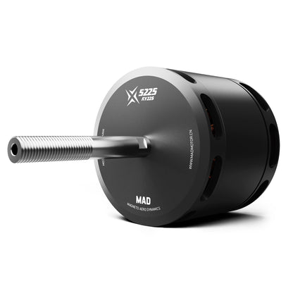 MAD X5225 KV225 brushless drone motor with long threaded shaft, black cylindrical housing