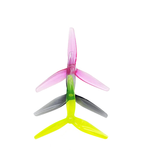 HQProp PizzaCutters 5037 5 inch tri-blade propeller set, polycarbonate in pink, smoke gray and neon yellow