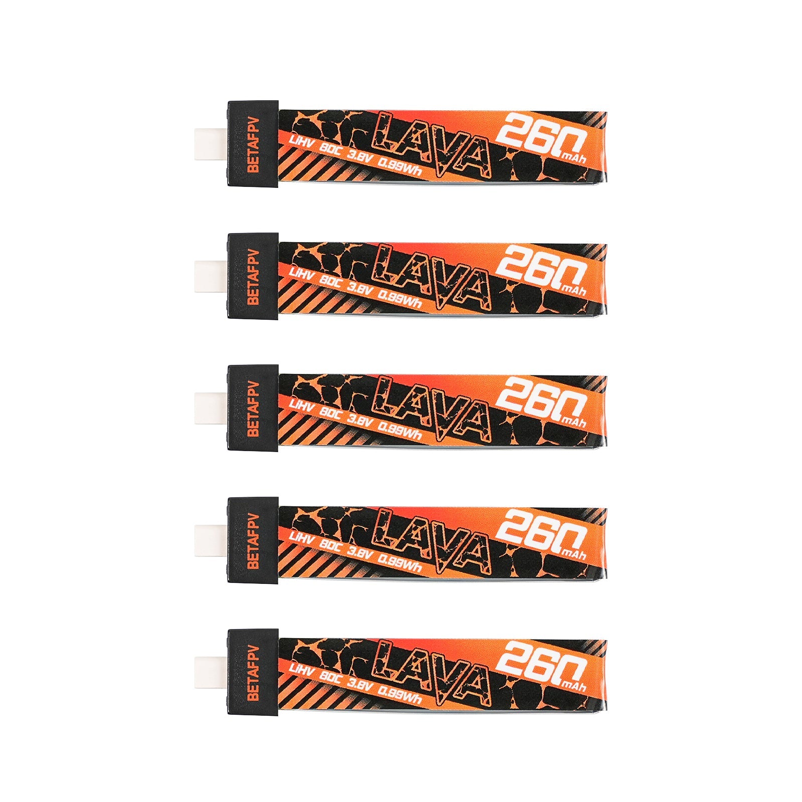 BetaFPV LAVA 1S 260mAh 80C LiHV Battery 5-pack, top view showing LAVA 260 label and leads