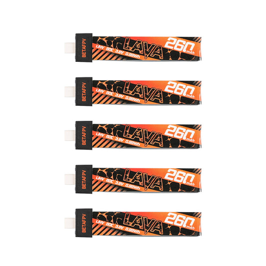 BetaFPV LAVA 1S 260mAh 80C LiHV Battery 5-pack, top view showing LAVA 260 label and leads