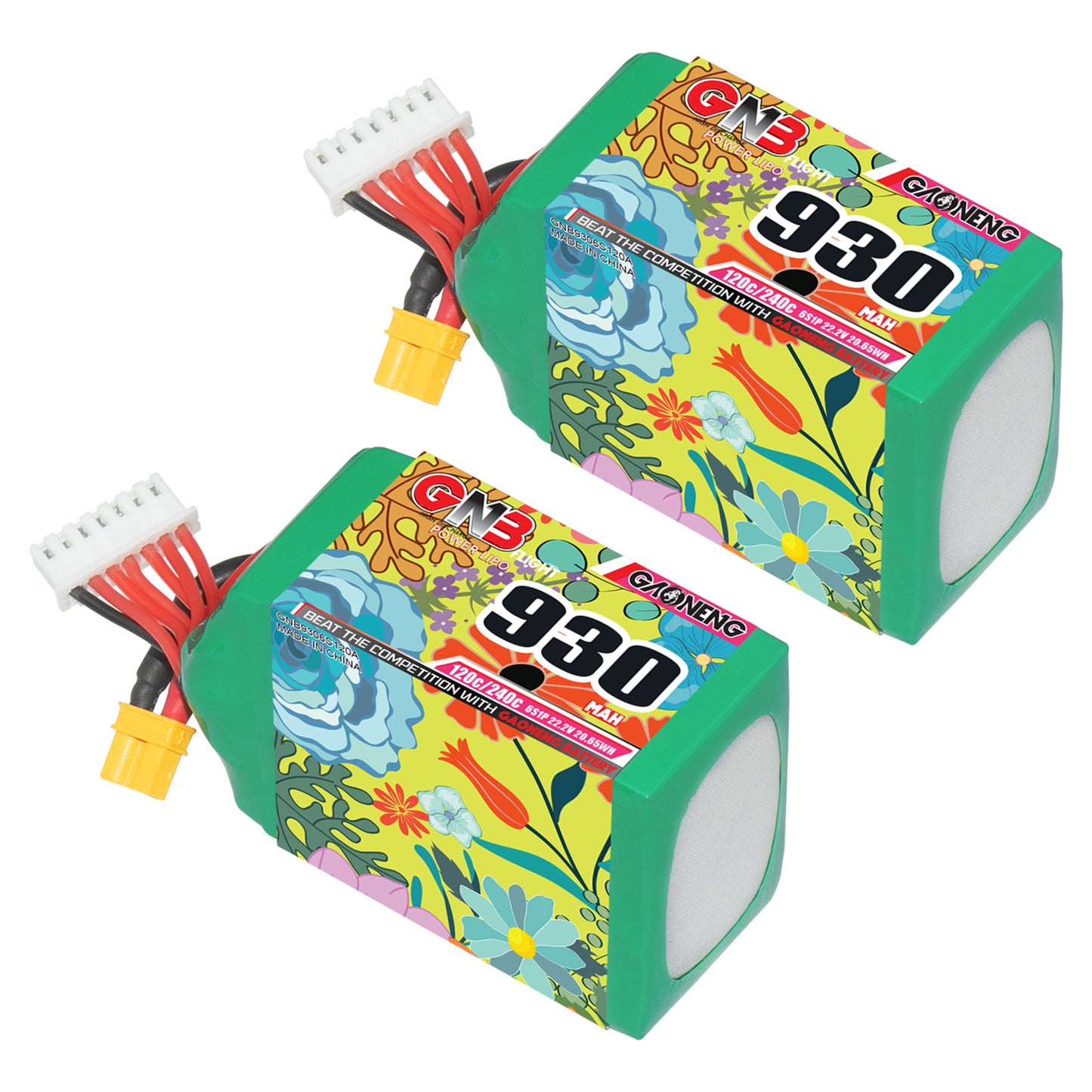 Two GAONENG GNB 930mAh 6S LiPo batteries shown together with XT30U-F and balance leads