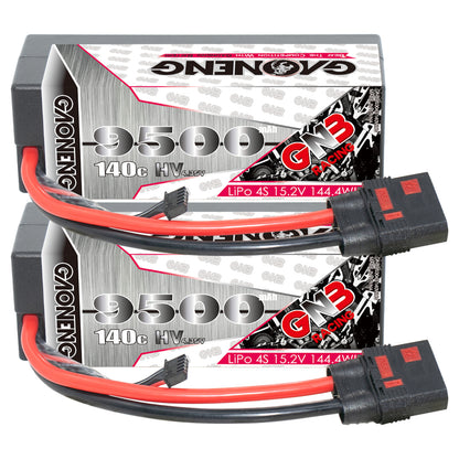 Two GNB 9500mAh 4S LiHV hard case batteries stacked, showing QS8-S connectors and leads