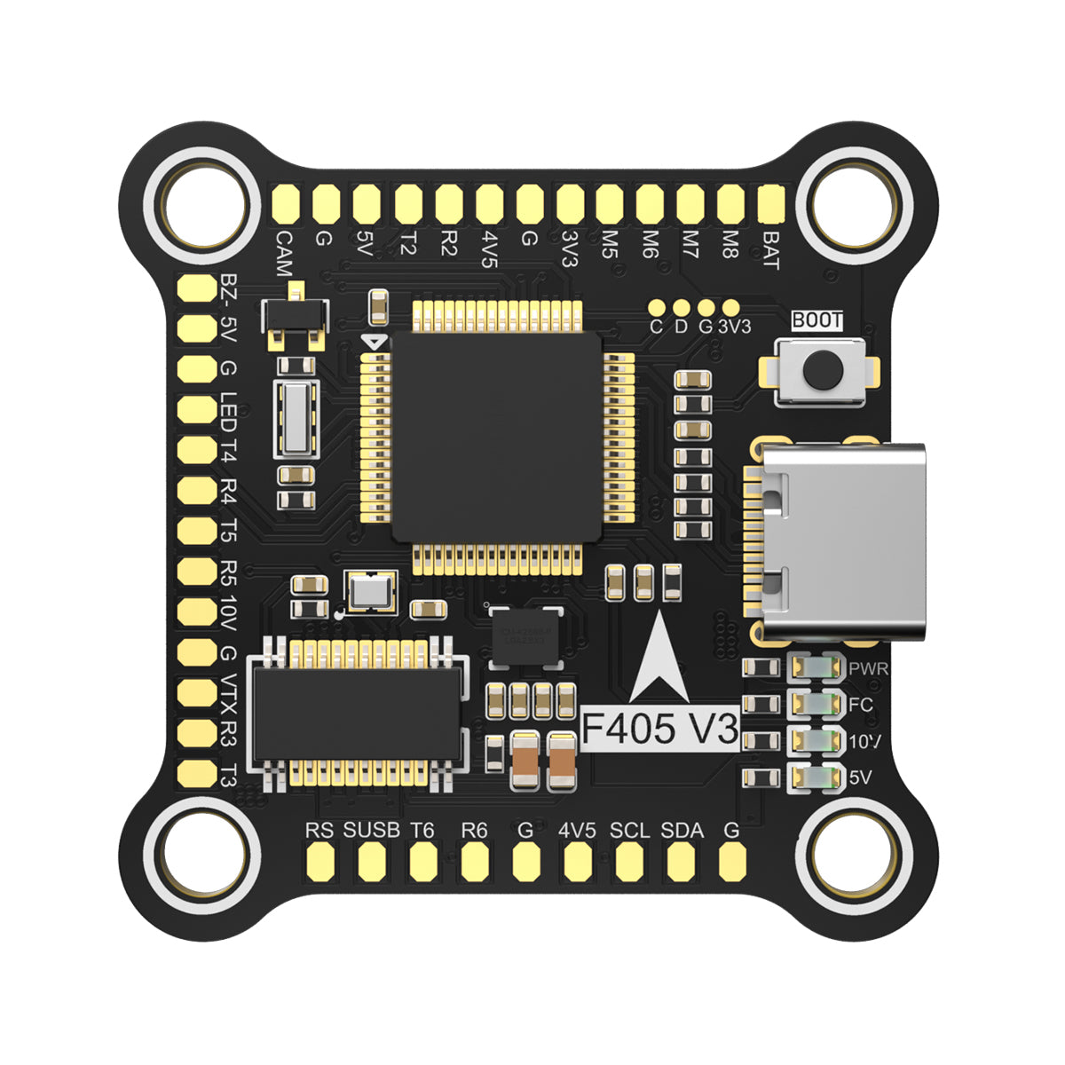 BrotherHobby Returner F405 V3 flight controller board with USB-C port, boot button, and labeled solder pads