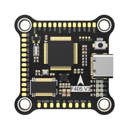 BrotherHobby Returner F405 V3 flight controller board with USB-C port, boot button, and labeled solder pads