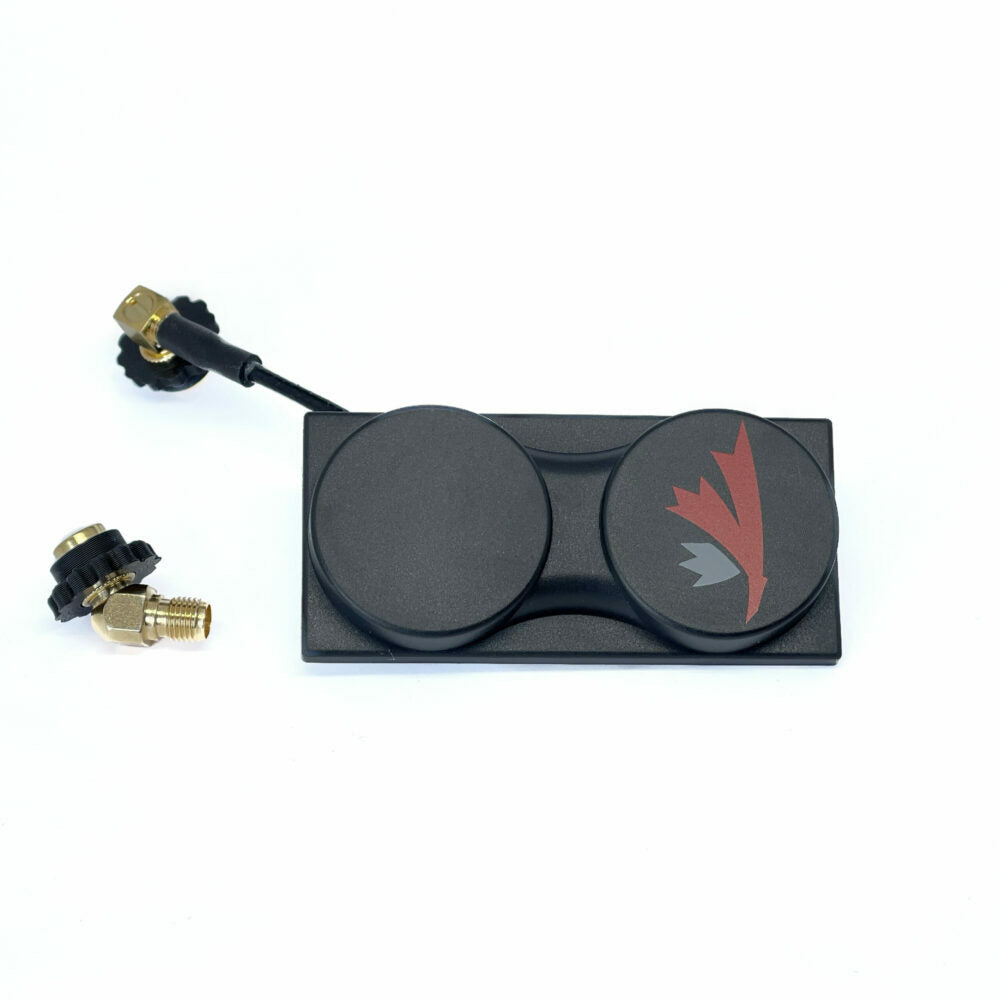 TrueRC X-Air MKII Antenna kit with dual patch antennas on mounting plate and SMA connector adapters