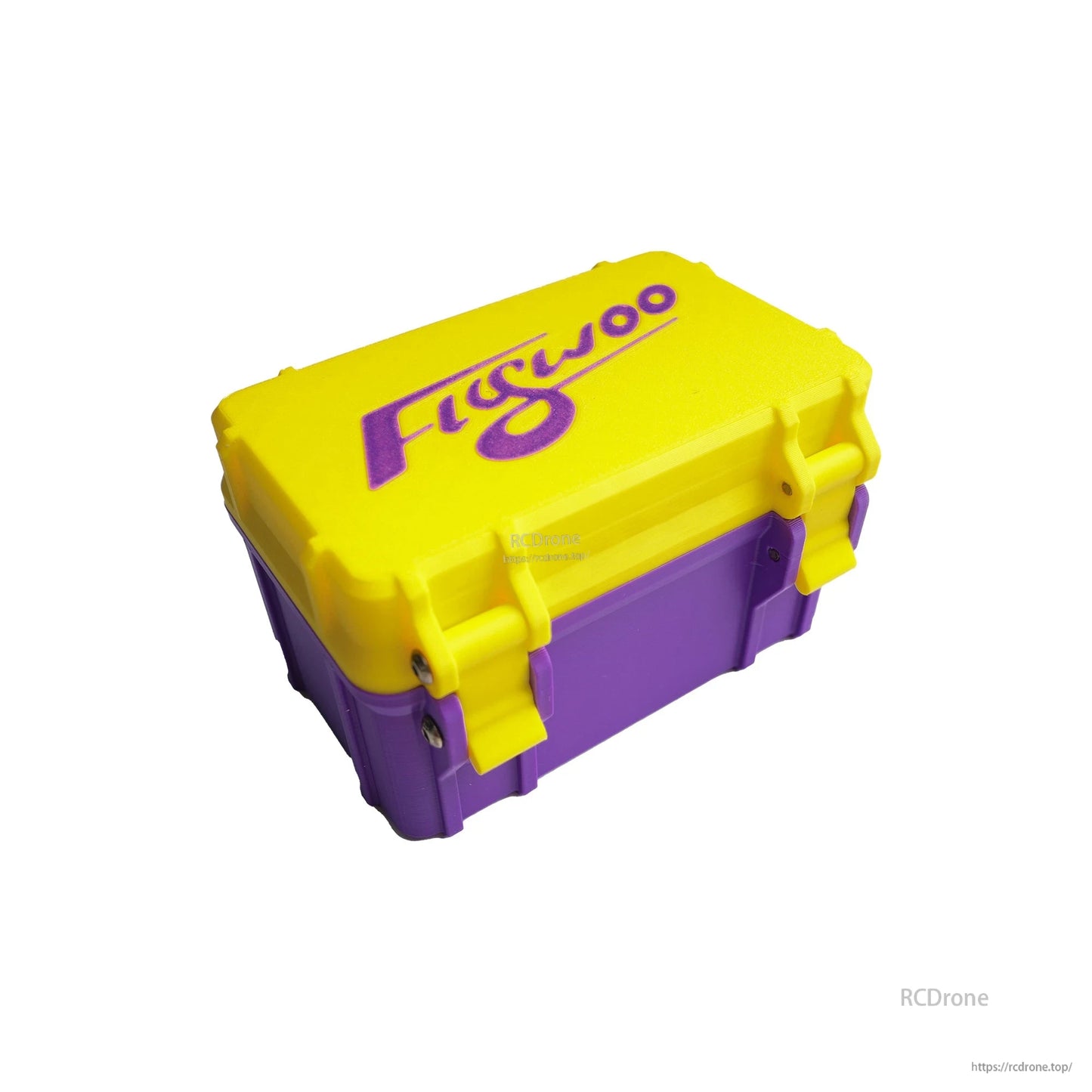 Flywoo 3D printed storage box for Naked GoPro Action Camera, purple case with yellow lid and snap latches