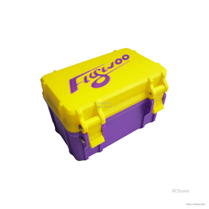 Flywoo 3D printed storage box for Naked GoPro Action Camera, purple case with yellow lid and snap latches