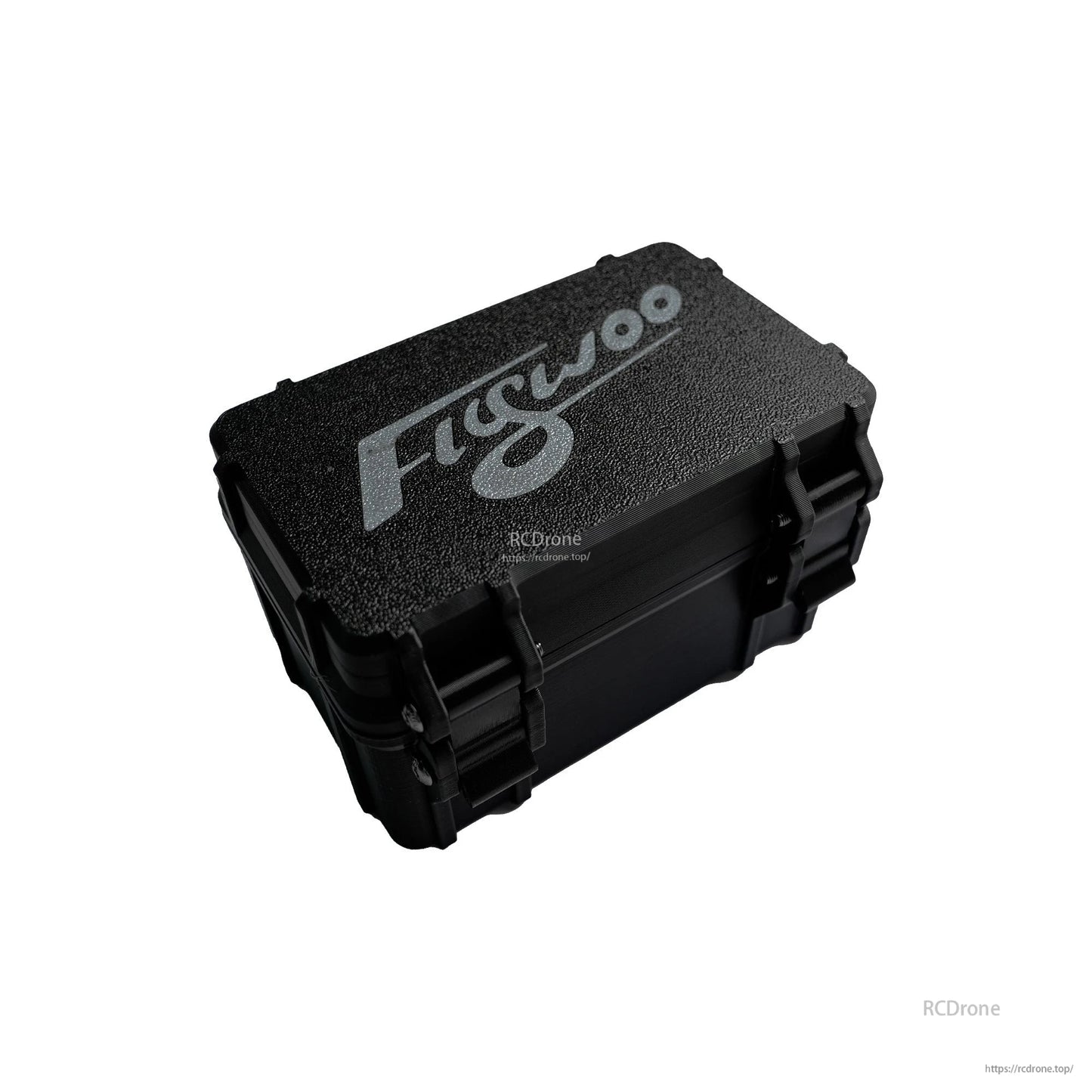 Black Flywoo hard-shell storage box with textured lid and side latches for a Naked GoPro action camera kit