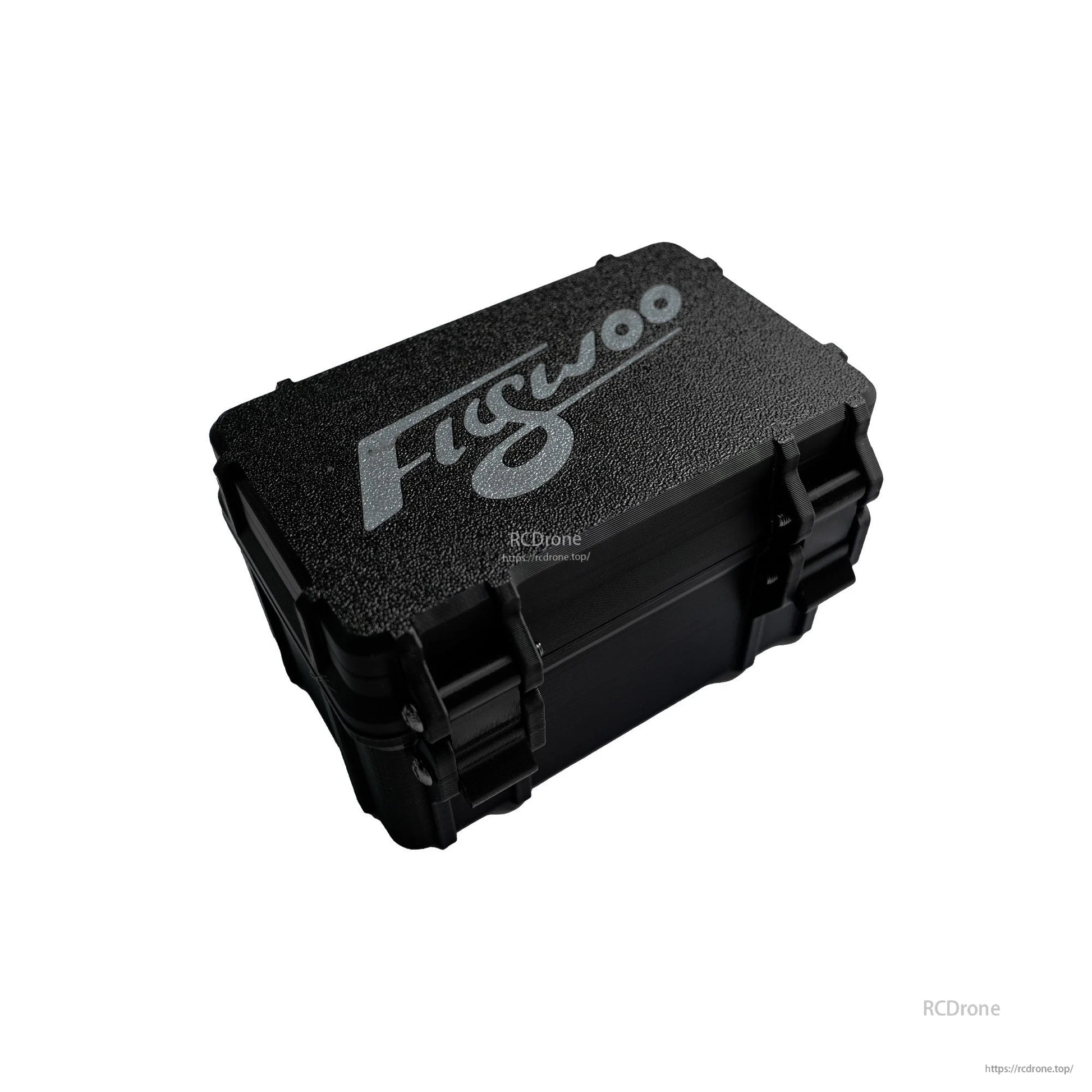 Black Flywoo hard-shell storage box with textured lid and side latches for a Naked GoPro action camera kit