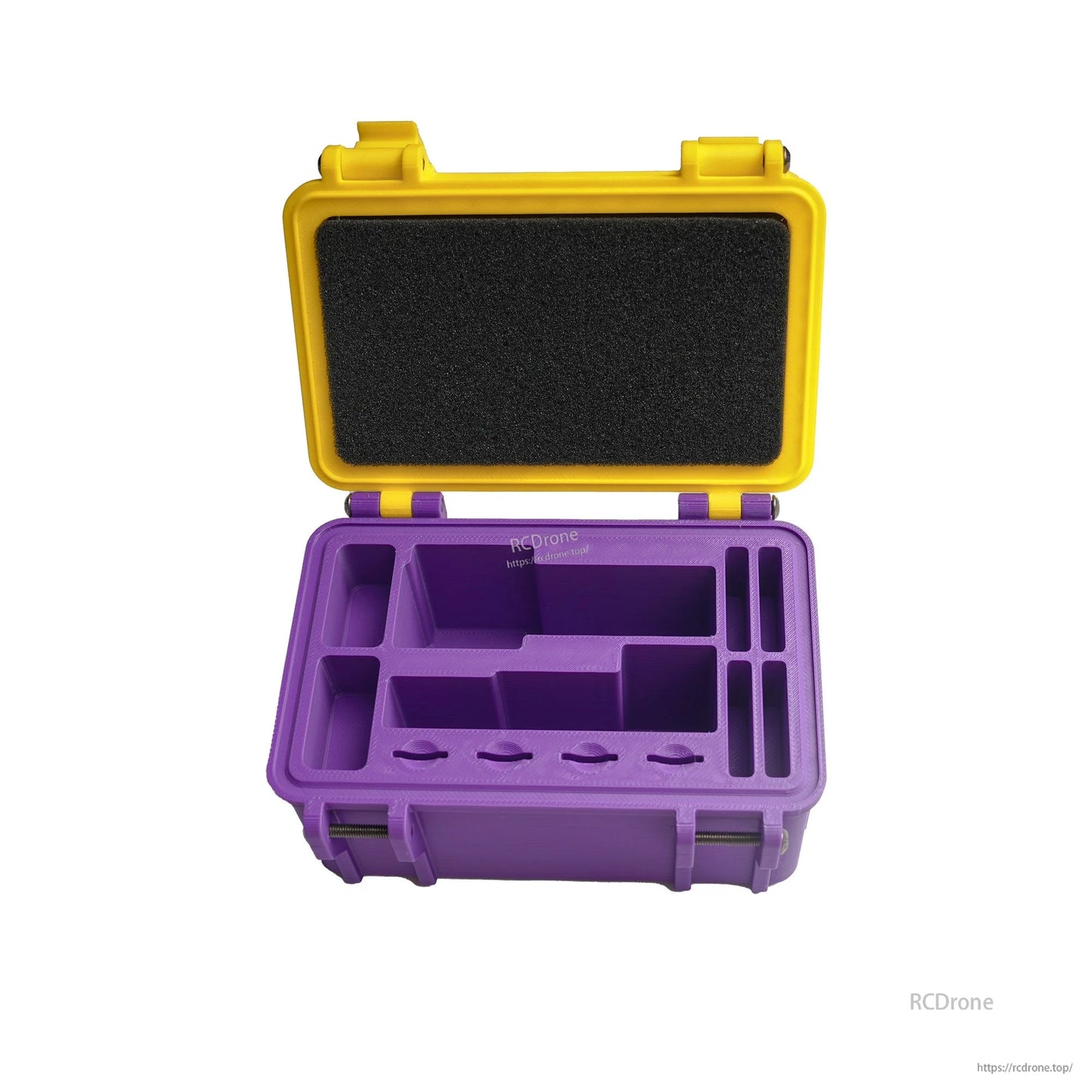 Open purple and yellow storage box with foam-lined lid and molded compartments for a naked GoPro camera