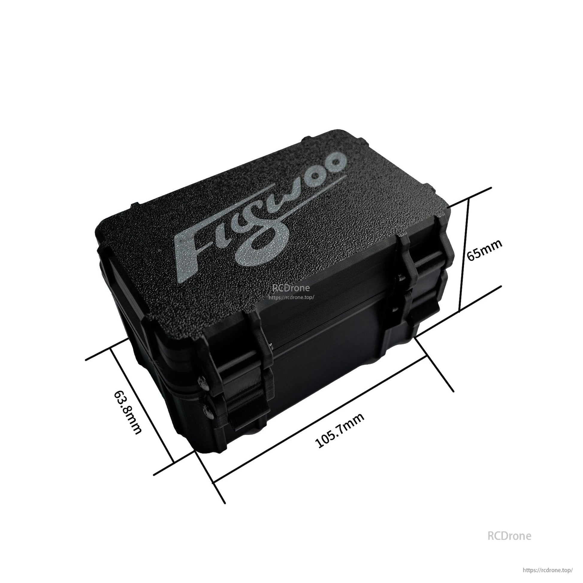 Flywoo 3D printed storage box with foam lid and latch closures, approx. 105.7 x 65 x 63.8 mm