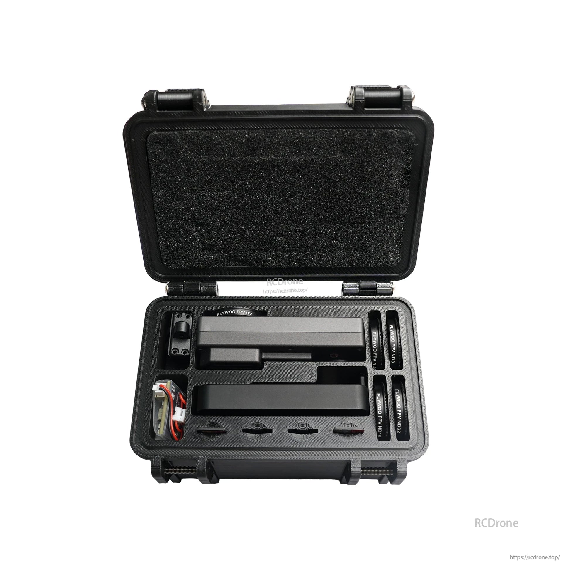 Open 3D printed storage box with foam insert compartments for Flywoo Naked GoPro Action Camera 2.0/2.1 parts