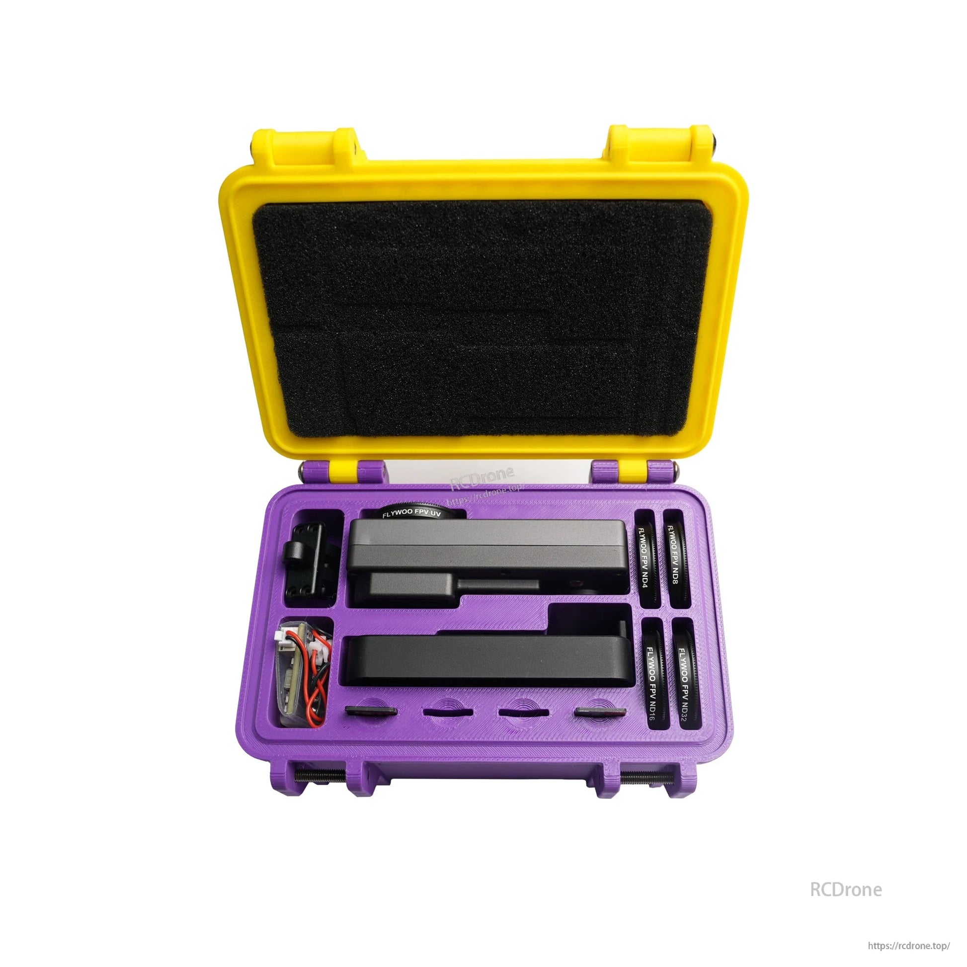 Open 3D printed storage box with foam insert and cutouts for Flywoo Naked GoPro action camera parts, yellow lid