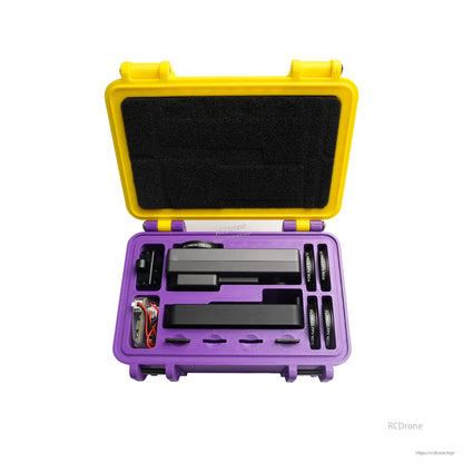 Open 3D printed storage box with foam insert and cutouts for Flywoo Naked GoPro action camera parts, yellow lid