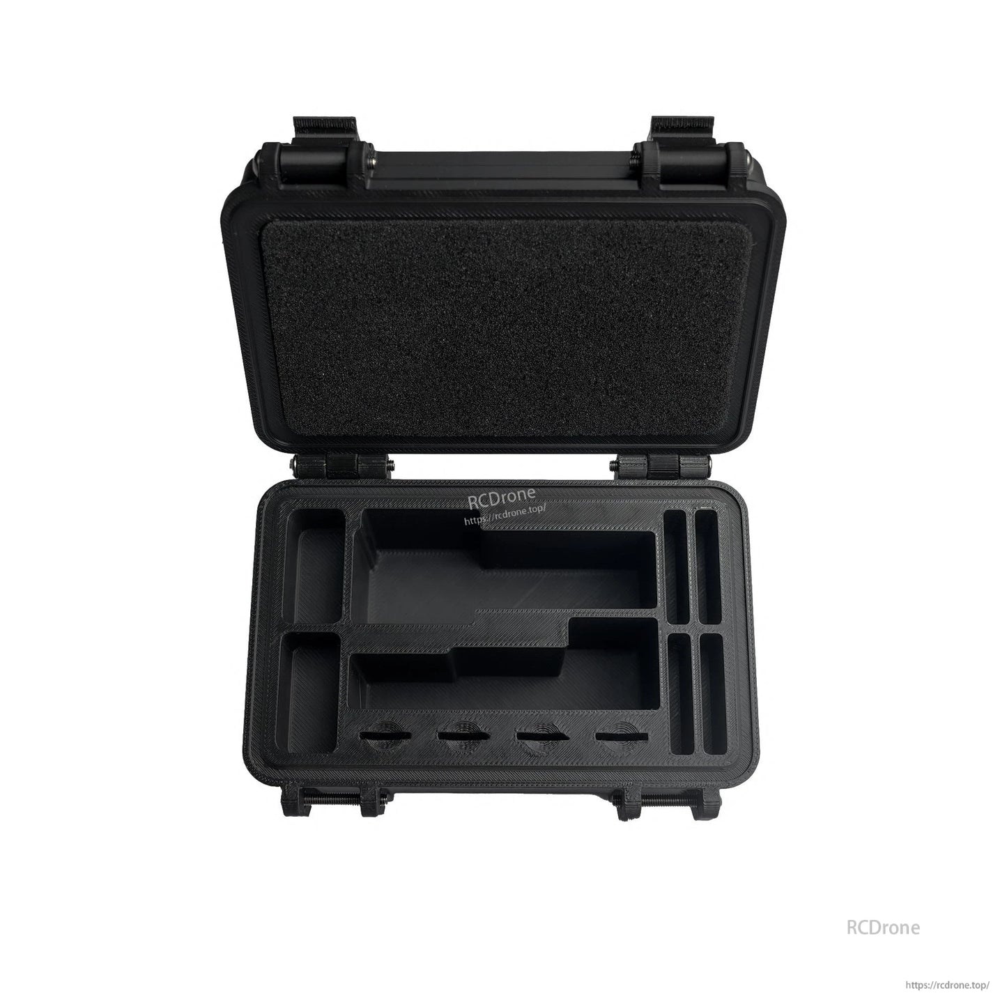 Open black storage box with foam insert compartments for Flywoo Naked GoPro Action Camera and accessories