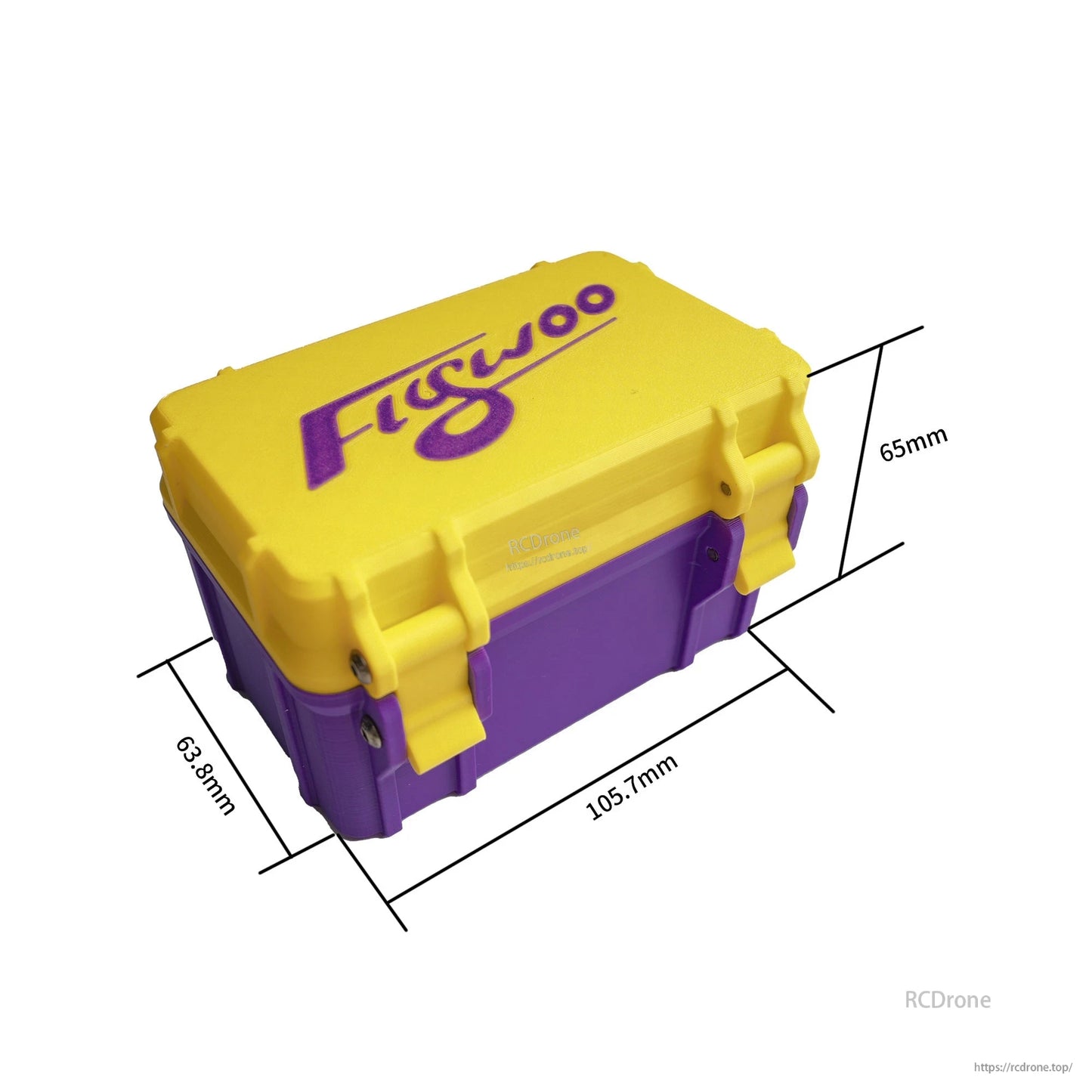 Flywoo 3D-printed storage box with yellow lid and purple base, 105.7 x 63.8 x 65 mm dimensions