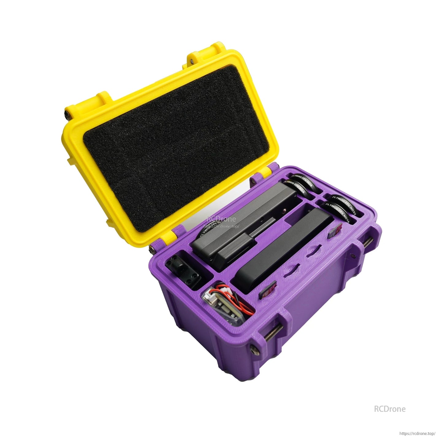 Open 3D-printed storage box with foam insert and compartments for Flywoo Naked GoPro parts, yellow lid
