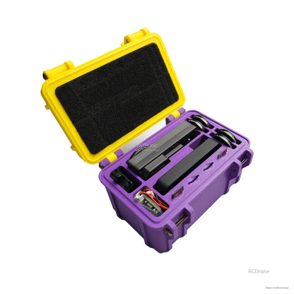 Open 3D-printed storage box with foam insert and compartments for Flywoo Naked GoPro parts, yellow lid