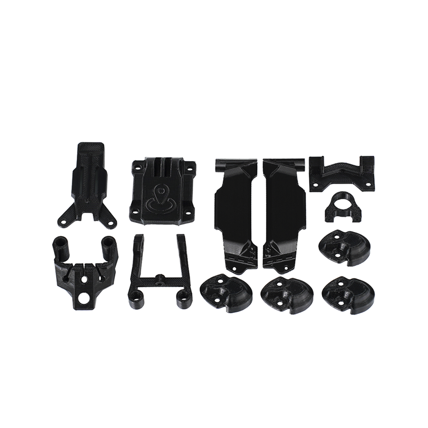 Black 3D-printed FPV drone frame accessory set with multiple mounts, brackets, and protective bumpers