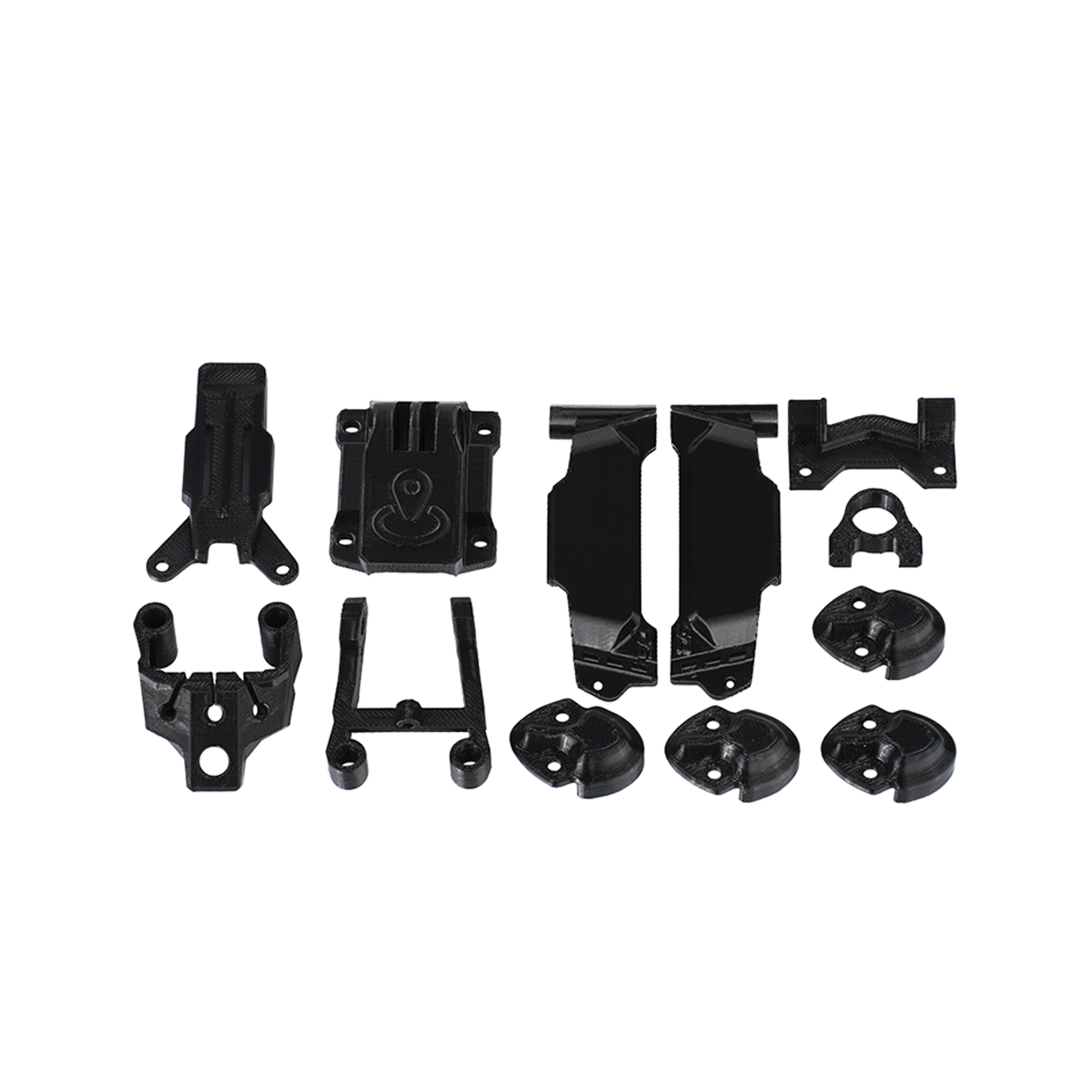 Black 3D-printed FPV drone frame accessory set with multiple mounts, brackets, and protective bumpers